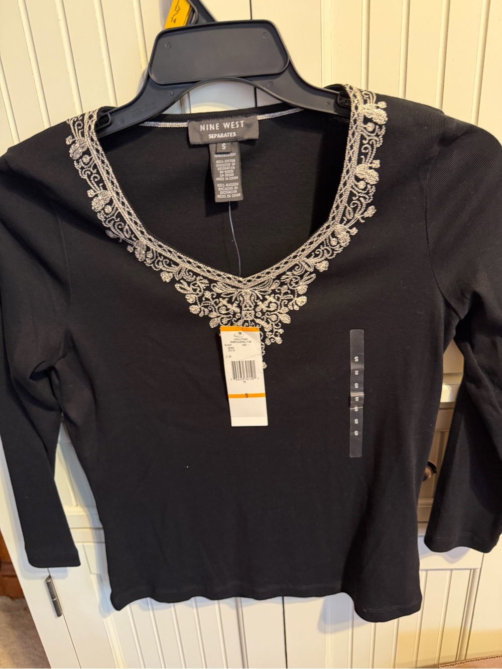 Nine West Black Long-Sleeve V-Neck Top with Silver Embroidery